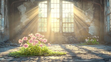 Flowers grow in sunlit, dilapidated room