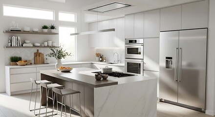 Modern Kitchen Island Sleek Appliances and Natural Light.