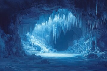 A breathtaking icy cave with stunning icicles and a staircase leading deeper into the frozen landscape.