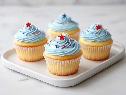 Four cupcakes with blue frosting and star sprinkles on a white plate