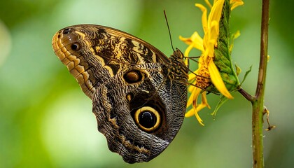 Fototapeta premium A large butterfly with striking eye-like patterns on its wings rests on a vibrant yellow flower, showcasing intricate detail
