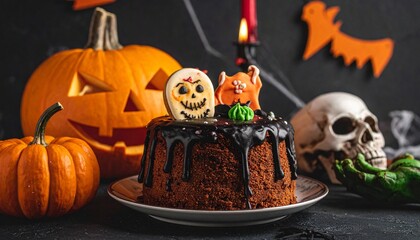 A spooky Halloween cake, a carved pumpkin, and festive decorations create a chilling scene. The cake is decorated with playful ghosts