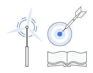 Wind turbine represents renewable energy, dart on target symbolizes precision and efficiency, open book reflects knowledge and education. Ideal for sustainability, strategic planning, education