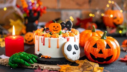 Spooky Halloween cake, festive decorations, and glowing candle, perfect for celebrations!
