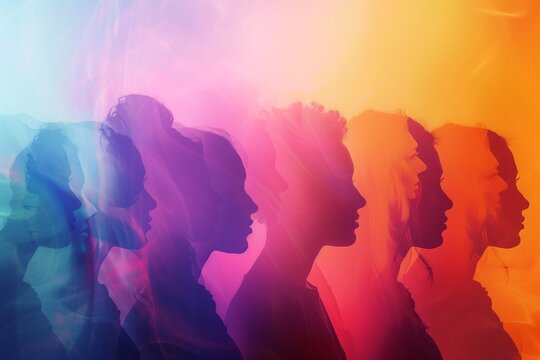 Diverse people’s silhouettes in gradient colorful abstract background, concept of inclusion and global unity.