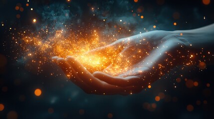 Glowing particles float above cupped hands, soft focus on dark, blurred background