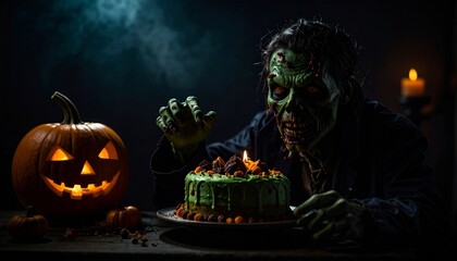 A spooky zombie blows out the candle on a cake with a pumpkin nearby