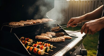 Grill cooking meat, vegetable skewers; steam rising, hand using tongs