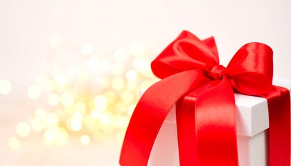 White gift box with a red ribbon bow, festive bokeh background