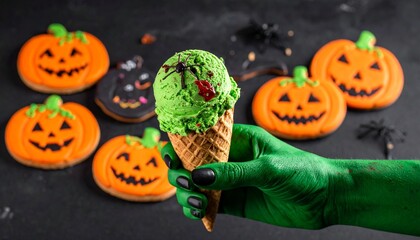 A spooky hand holding an ice cream cone in front of halloween cookies. The cookies are in the shape of pumpkins with smiling faces, and the ice cream is bright green