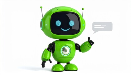 Obraz premium A friendly green robot with a speech bubble, offering assistance