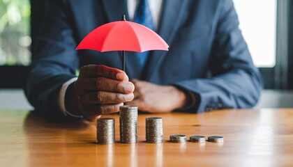 A businessman uses a red umbrella to protect a stack of coins, symbolizing financial security and protection
