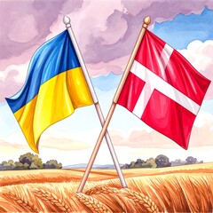 Crossed flags of Ukraine and Denmark over a golden wheat field