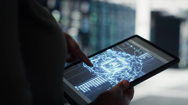 Close up of data center technician doing AI data analysis on tablet to upgrade infrastructure. Server room employee using device to manage storage systems for machine learning training datasets - Powered by Adobe