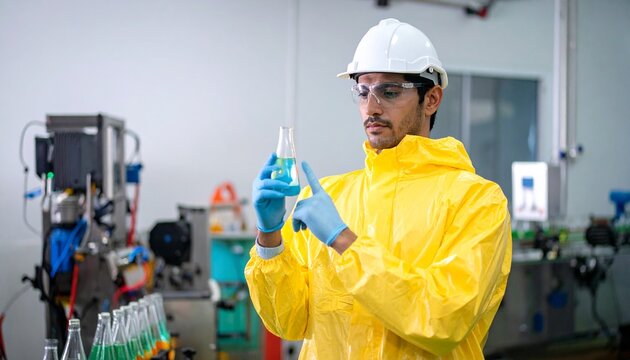A laboratory worker analyzing a test tube in a laboratory. He's wearing protective gear to protect him from chemicals, while working with lab equipment