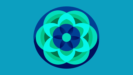 Circular abstract mandala-like pattern in shades of blue and green on a teal background geometric