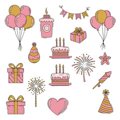 Set of holiday and celebration icons in hand drawn pink and gold doodle style. Vector illustration with balloons, cake, gift box, party hat, fireworks