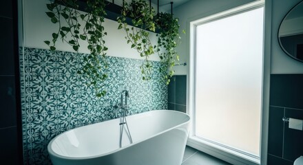 Fototapeta premium Modern bathroom with patterned tile, freestanding tub, and hanging plants