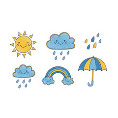 Obraz premium Set of weather and nature icons in hand drawn blue and yellow doodle style. Cute vector illustration with sun, cloud, raindrops, rainbow, umbrella.