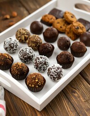 Assorted chocolate truffles and cookies on a white tray