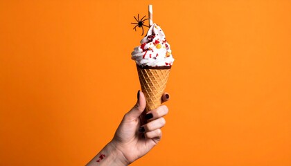A hand holding a festive ice cream cone with a halloween decoration. The ice cream is topped with candy sprinkles and an adorable spider. A playful and delightful treat for Halloween