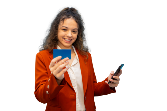 Professional businesswoman checking mobile banking, holding credit card against transparent backdrop