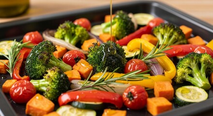 Roasted Vegetables Medley - Sweet Potato, Peppers, and Broccoli.