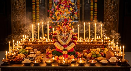 Obraz premium Hindu religious ceremony with candles and flowers decoration.