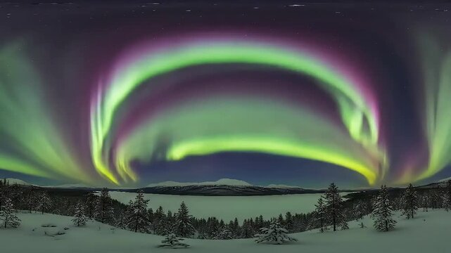 Spectacular 360degree view of the Aurora Borealis dancing over a frozen winter landscape at night.