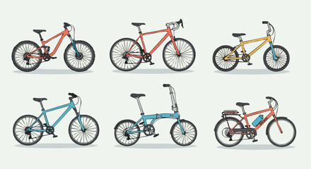 Different types of bicycles illustration including mountain bike, road bike, bmx, folding bike and ebike vector