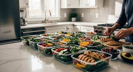 Person prepping healthy meals in containers on bright kitchen counter
