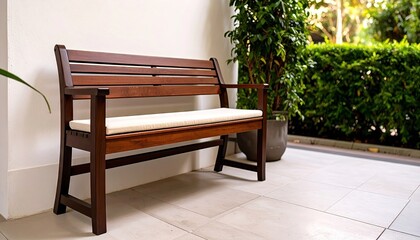 Fototapeta premium Wooden Bench with Cushion on Patio