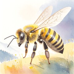 Detailed illustration of a honeybee on a grassy hill