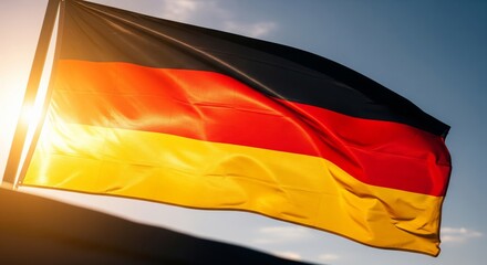 German Flag Waving in the Sunlight Against a Blue Sky.