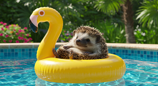 A cute hedgehog relaxes in the pool with a float, creating an adorable and cheerful atmosphere