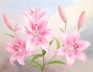 Fototapeta premium Delicate pink lilies in soft pastel colors against a hazy sky