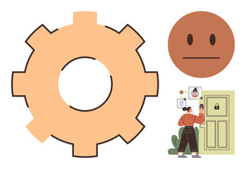 Person managing door security using smart access technology, gear symbolizing efficiency, neutral face reflecting simplicity. Ideal for technology, innovation, automation, usability, security, access