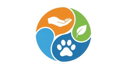 Circular logo with hand, paw print, and leaf representing care and environmental responsibility