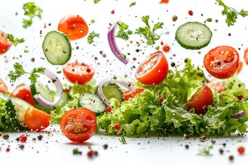 Salad ingredients, cucumbers, tomatoes, onion, parsley, peppercorns float in air