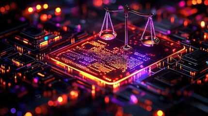 Scales of justice atop glowing CPU, surrounded by circuit board lights