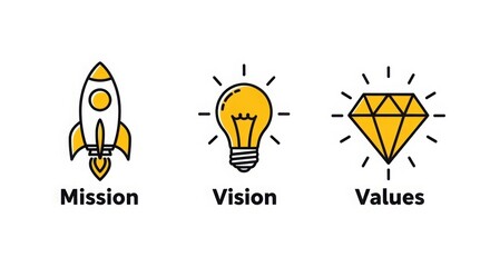 Rocket bulb diamond icons representing mission vision and values on a white background in a horizontal view © Rauf