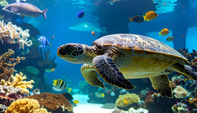 Sea turtle in vibrant aquarium, diverse fish, coral reef