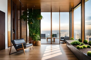 Fototapeta premium Sophisticated urban living space with vertical garden and panoramic cityscape view