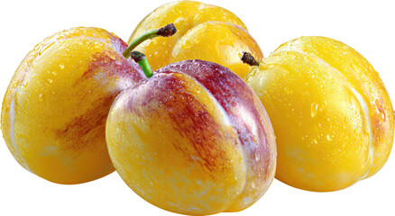 Close-up of four juicy yellow plums with reddish-purple stripes, glistening with water droplets