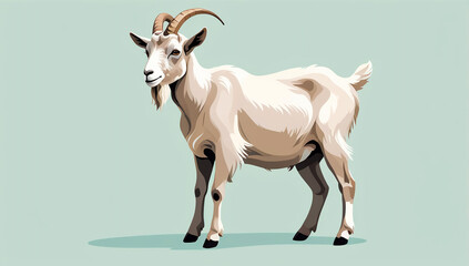 A serene and detailed vector illustration capturing the full profile of a majestic white domestic goat with impressive horns