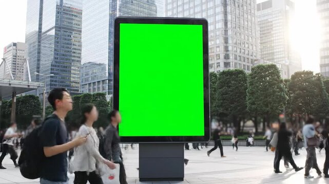 Timelapse of Billboard with Green Screen in Crowded City Square