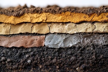 Stratified soil layers with varying textures and colors, closeup view