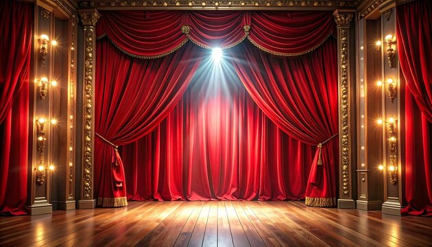 A grand stage illuminated by a spotlight. Lush red velvet curtains frame a polished wooden floor. Golden accents adorn the pillars and wall sconces, creating a dramatic and elegant setting - Powered by Adobe
