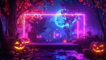 Halloween night scene with glowing pumpkins and neon frame