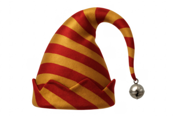Red and gold striped christmas elf hat with jingle bell on transparent background